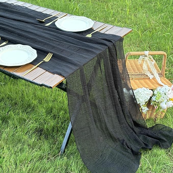 3Pcs Black Cheesecloth Table Runner Rust Boho Fall Party Decoration | 35x120 - Image 4