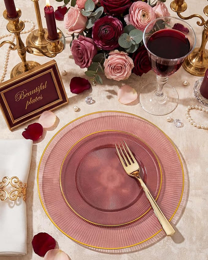 Hioasis 60pcs Burgundy and Gold Plastic Plates - Burgundy Disposable Dinnerware Set, 30pcs Dinner 10.25in & 30pcs Dessert 7.5in Plates with Striped Designs for Party & Wedding