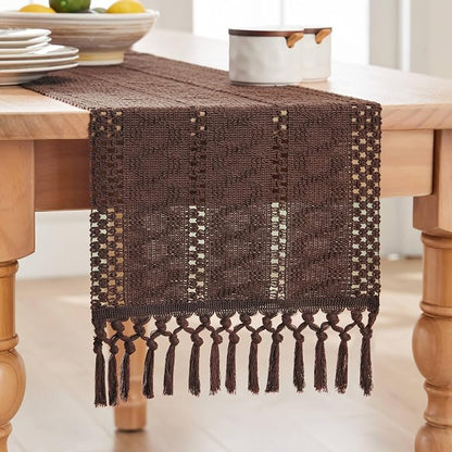 Macrame Style Boho Table Runner, 12x60 Inch Chocolate | Woven Boho Table Runner - Image 7
