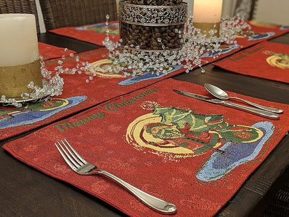 DaDalogy Red Merry Christmas Santa Claus Placemats Set of 4 Festive Winter Holiday Tapestry - Cotton Linen Wove Dining Room Table Mats - 13” x 19” (17615)
