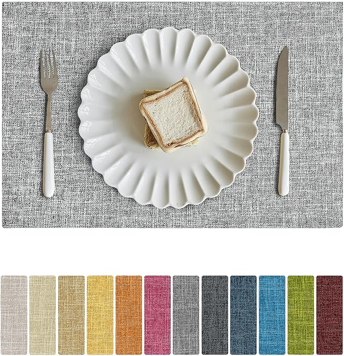 Softalker Faux Linen Placemats Set of 8-12 x 18 Inch, Heat Resistant Double Layered Durable Burlap Farmhouse Place Mats, Non-Slip Washable Rustic Table Mats for Dining, Kitchen, Party（Ash Grey