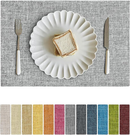 Softalker Faux Linen Placemats Set of 8-12 x 18 Inch, Heat Resistant Double Layered Durable Burlap Farmhouse Place Mats, Non-Slip Washable Rustic Table Mats for Dining, Kitchen, Party（Ash Grey
