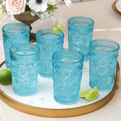 Kate Aspen Vintage Textured Aqua Blue Striped Drinking Glasses Set of 6-13 oz by KateAspen