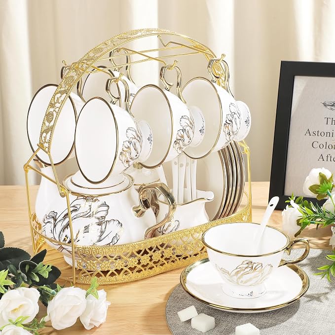 fanquare British Porcelain Tea Coffee Set 22 Piece New Bone China Gold Tulip - Image 3
