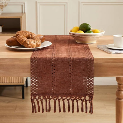 Macrame Style Boho Table Runner, 12x60 Inch Terracotta | Woven Boho Table Runner - Image 2