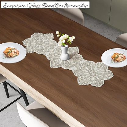 Handmade Beaded Table Runner 13x36 Inch – Silver & White Floral Beaded Runner - Image 2