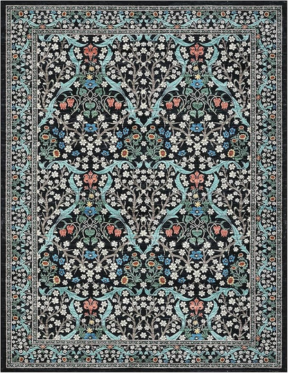 GarveeHome 4x6 Washable Area Rug for Living Room, Floral Large Entryway Kitchen Rug Non Slip, Ultra Soft Stain Resistance Carpet for Bedroom Laundry Room, Black