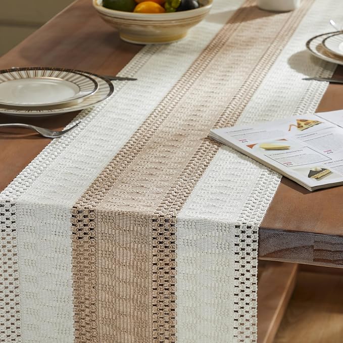 Macrame Style Bicolor Stitching Table Runner 14x108in Taupe | Woven Boho Table - Image 5