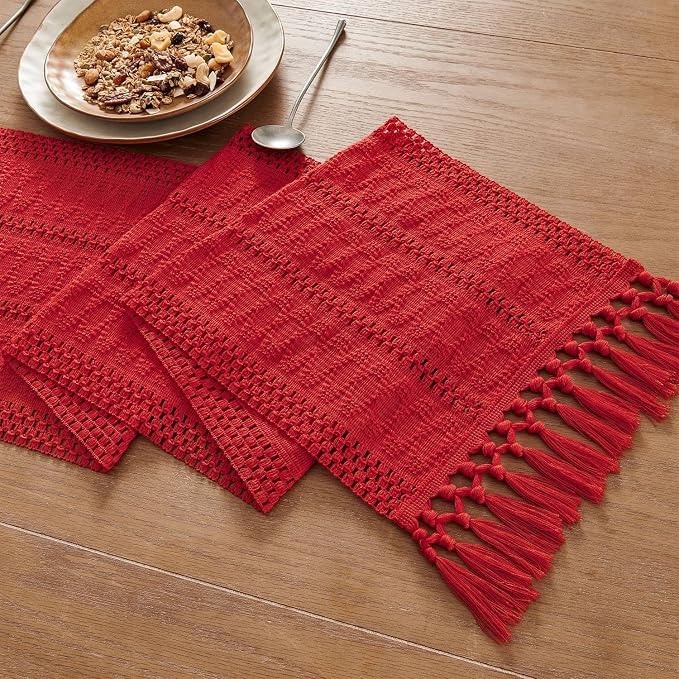 Macrame Style Boho Table Runner, 12x90 Inch Red | Woven Boho Table Runner - Image 7