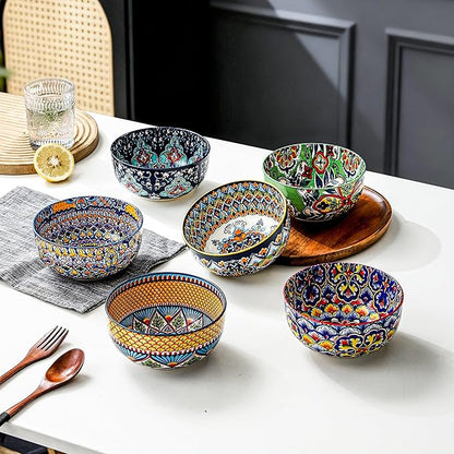 HENXFEN LEAD Boho Cereal Bowls Set of 6, 28 oz Ceramic Soup Bowls – Colorful Bowls for Salad, Oatmeal, Ramen, Rice and Pasta, Microwave & Dishwasher Safe