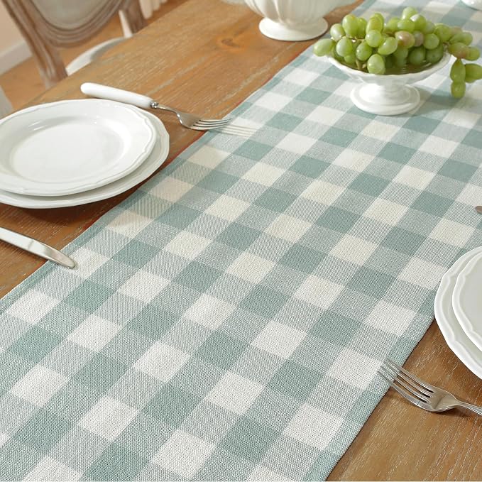 Laolitou Spring Blue Checkered Table Runner, Cotton Linen Gingham Easter Table - Image 3