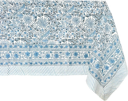 ATOSII Butterfly Blue 100% Cotton Rectangle Summer Tablecloth, Handblock Floral Print Linen Table Cloth for Kitchen Dining I Parties, Weddings, Outdoors, Decor 60 X 90 Inches, 6 Seater