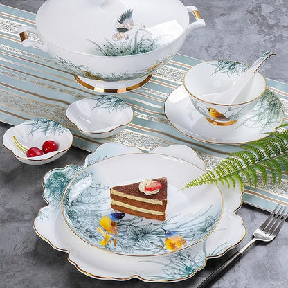 51 Pcs Fine Bone China Dinnerware Set,Porcelain&Ceramic Dinnerware Sets,Bone Stoneware & Ceramic Cookware Tableware Set Includes Dinner Plates|Spoons|Pasta Bowls|Soup Pot|Chopsticks