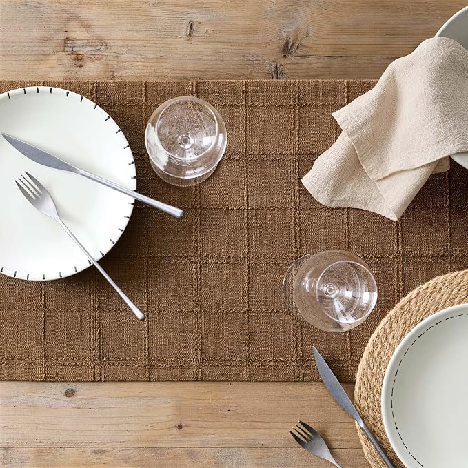 Linen Checked Farmhouse Table Runner, 13x36 Inches Roasted Brown | Raised Grid - Image 7