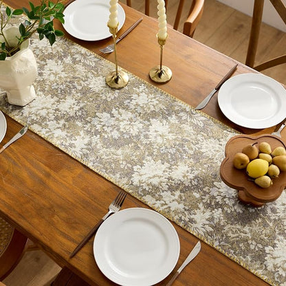 ORTIGIA Vintage Floral Table Runner, Boho Chenille Beige Farmhouse Rustic Runner - Image 4