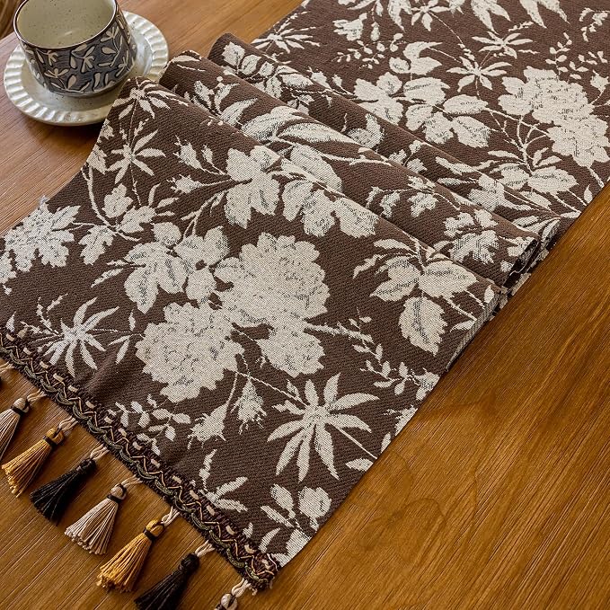 Floral Dark Brown Botanical Table Runner 13 x 48 Inch | Jacquard Flower - Image 5