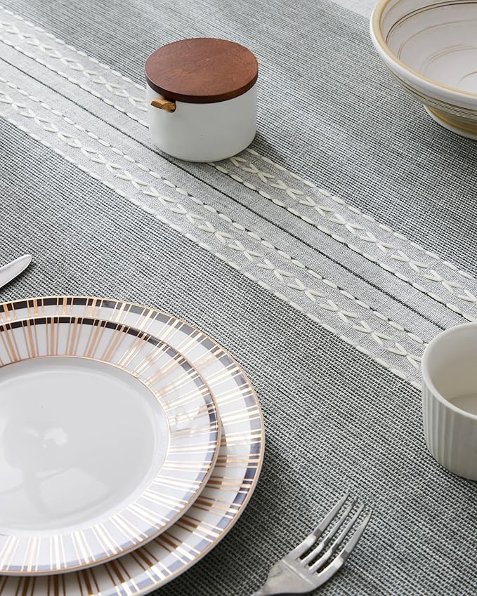 ZeeMart Contrast Linen Table Cloth Rectangle Table Cloths 60x84 Inch Mid-Stripe Grey, Farmhouse Style Heavy Weight Grey Tablecloth, Water Resistant Burlap Tablecloths