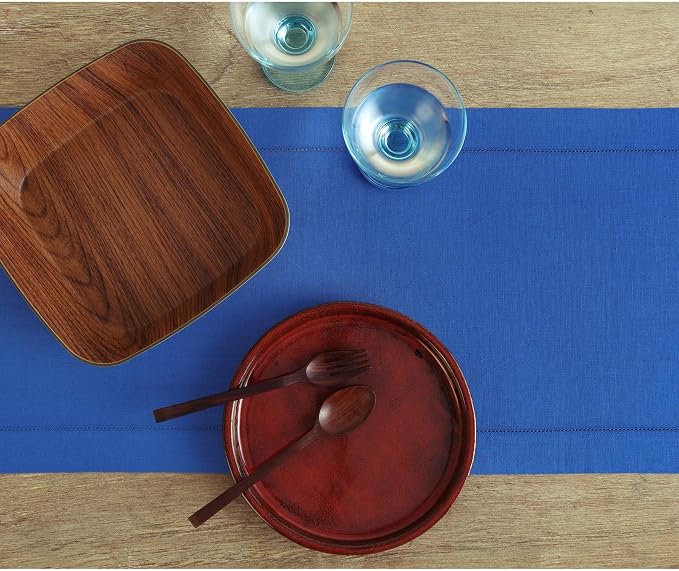 Solino Home 100% Pure Linen Table Runner Blue, Classic Hemstitch 14 x 60 in | - Image 4