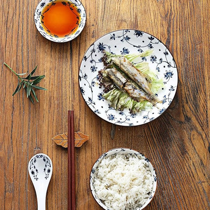 Gegong Blue and White Porcelain Dinnerware Set, Dishes, Bowl, Spoon, Chopsticks, Service for 1, Colorful Glazed Ceramic Set, Gift Box Packaging (Willow Leaves)