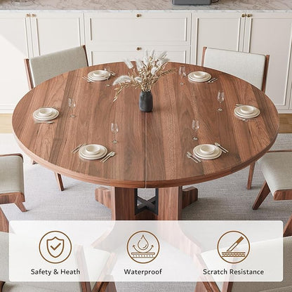 iPormis 59" Round Extendable Dining Table for 4-6, Modern Kitchen Table with Heavy Duty Pedestal Base & Wooden Top, Oval Dining Room Table for Dining Living Room, Easy Assembly, Walnut