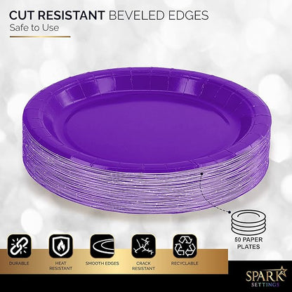 Disposable Paper Plates Purple, 7 Inch Paper Dessert Plates, Strong and Sturdy Disposable Plate for Party, Dinner, Holiday, Picnic, or Travel Party Plate, Pack of 50