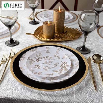 PARTY BARGAINS 13-Inch Charger Plates - 48 Pack, Black Gold Rim, Heavy-Duty Disposable Chargers for Elegant Dining - Ideal for Weddings and Formal Events