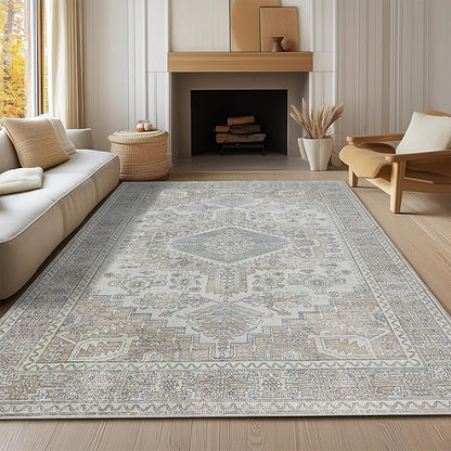Machine Washable Rugs 8x10 Area Rugs for Living Room,Ultra Soft Low Pile Retro Rugs for Bedroom,Dining Room,Large Non Slip Carpet Vintage Distressed Accent Rug for Farmhouse Office Home Decor