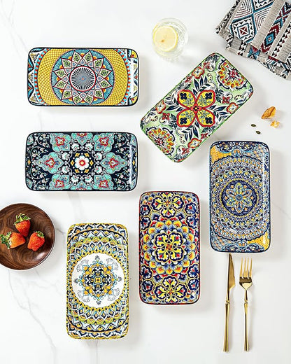 HENXFEN LEAD Boho Ceramic Dinner Plates 10 Inch – Large Rectangular Serving Plates Set of 6 for Salad, Sushi & Main Dishes, Microwave & Dishwasher Safe