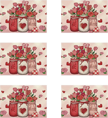 XCHI Roses Flowers Love Hearts Vase Valentine’s Day Placemats Set of 6 Table Mats for Party Home Kitchen Dining Table Decorations 12x18 Inch