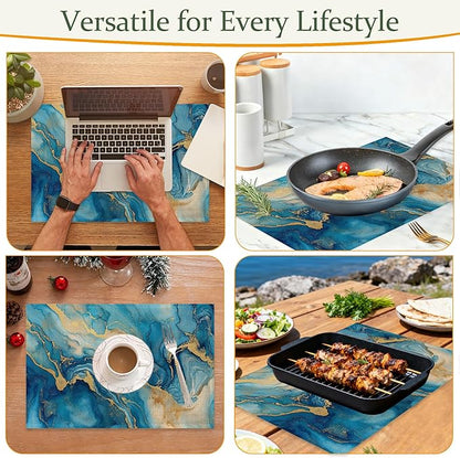 Blue Gold Marble Table Placemats Set of 6,Non-Slip Modern Abstract Fabric Placemats for Dining Room Kitchen Party Holiday, Indoor Cloth Table Mats for Home Decor 11.8x17.7 Inch