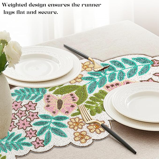 Spring Floral Beaded Table Runner, 13x36 | Glass beads, polyester backing - Image 6