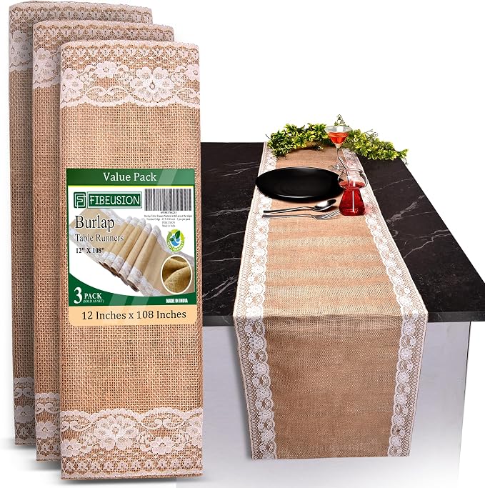 Burlap Lace Table Runner – 12”x 108” by Fibeusion