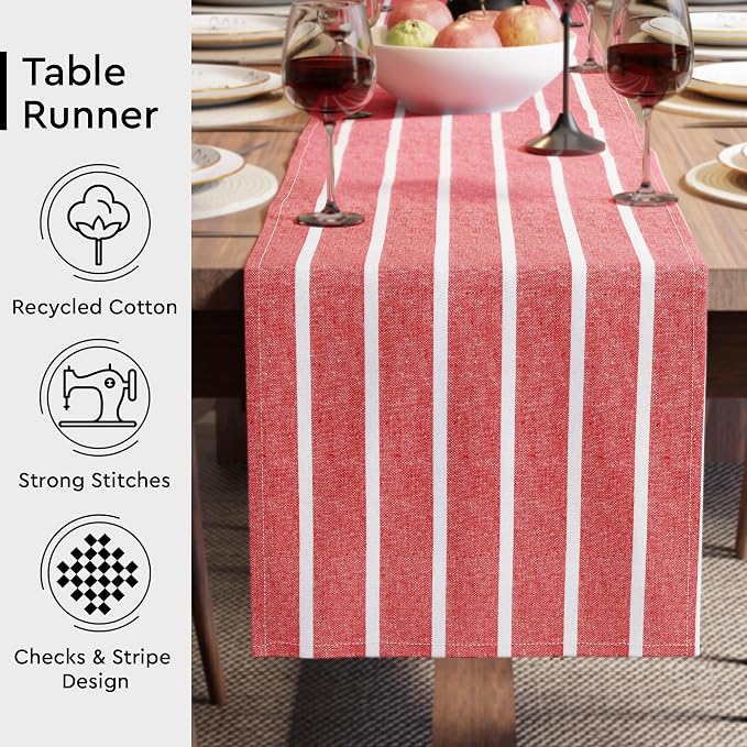 Encasa XO Table Runner, Woven Cotton Dining Runner 13"x72" | Roma Red Stripes - Image 3