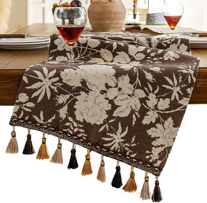 Floral Dark Brown Botanical Table Runner 13 x 48 Inch | Jacquard Flower by HomeyHo