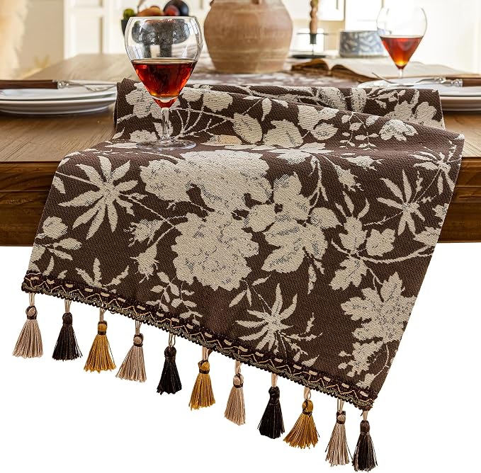 Botanical Floral Dining Table Runner Dark Brown 13 x 71 Inch | Jacquard Flower by HomeyHo