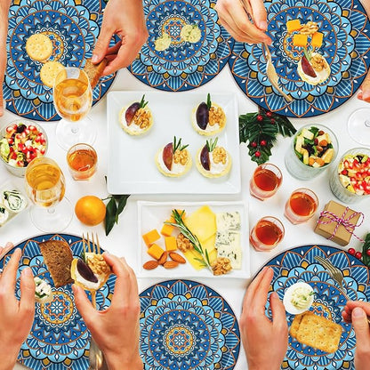 100PCS Boho Paper Plates 7Inch & 9Inch, Vintage Bohemian Disposable Dinnerware Plates for Birthday Gatherings Holiday Favor Baby Shower Party Supplies,50 Guests(Blue)