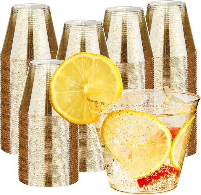 RACETOP 9 oz 200 Pack Gold Glitter Plastic Cups | Disposable Gold Glitter Clear by RACETOP