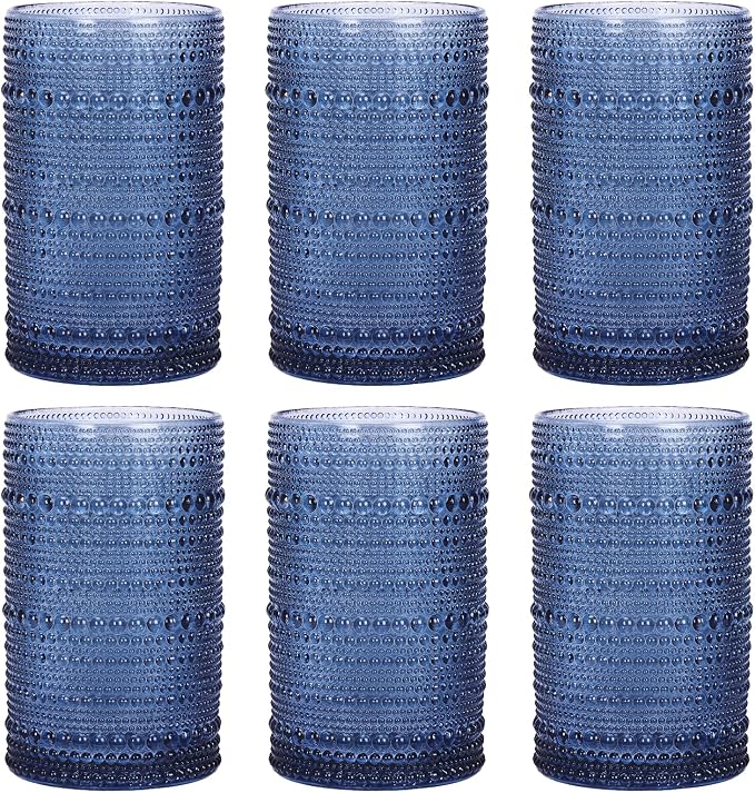 Moretoes 12 Oz Vintage Hobnail Drinking Glasses Set of 6 | Blue Highball by Moretoes