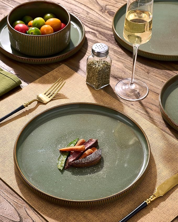Stoneware Dinnerware Set for 4, Reactive Glaze, Moss Green | 12-Piece Everyday - Image 3