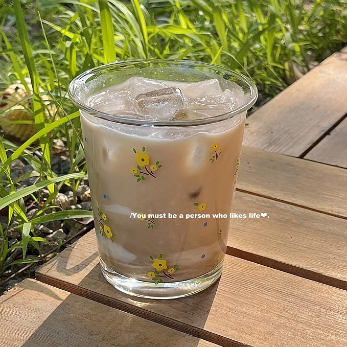 2 Pack 12 OZ Cute Floral Glass Cup French Drinking Glasses | Thick Sturdy - Image 3