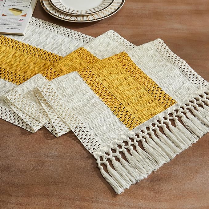 Macrame Style Bicolor Stitching Table Runner 14x36in Mustard | Woven Boho Table by ZEEMARTONLINE