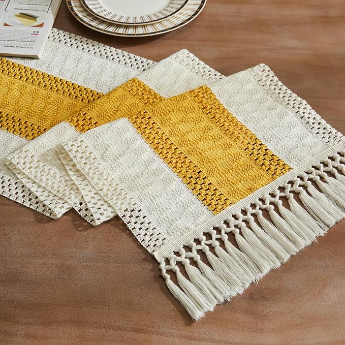 Macrame Style Bicolor Stitching Table Runner 14x108in Mustard | Woven Boho by ZEEMARTONLINE