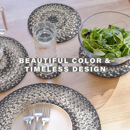 Homespice Flint Hill Jute Braided Trivets for Table, Warm Primitive Decor, Set of 3, Grey 8" Round Heat Resistant Mat - Rich Colors, Easy to Clean, Durable and Protects Furniture