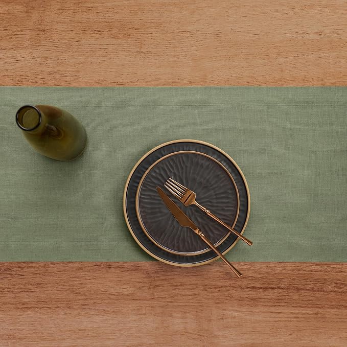 Solino Home 100% Pure Linen Table Runner Oil Green Woven, Fete 14 x 36 in | - Image 5