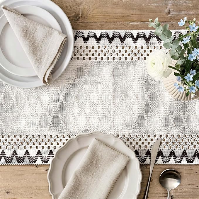 Macrame Side Trim Boho Woven Table Runner, Chocolate 12x60 Inch | Crochet - Image 3
