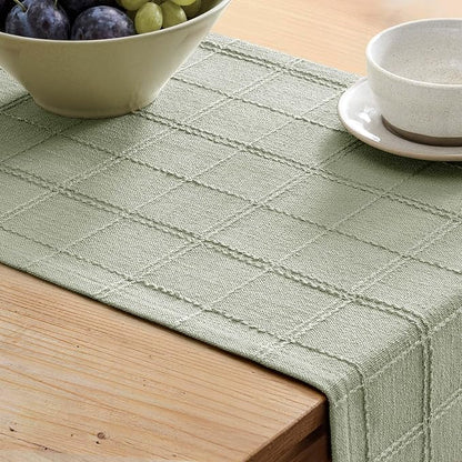 Linen Checked Farmhouse Table Runner, 13x60 Inches Seeding Green | Raised Grid - Image 5