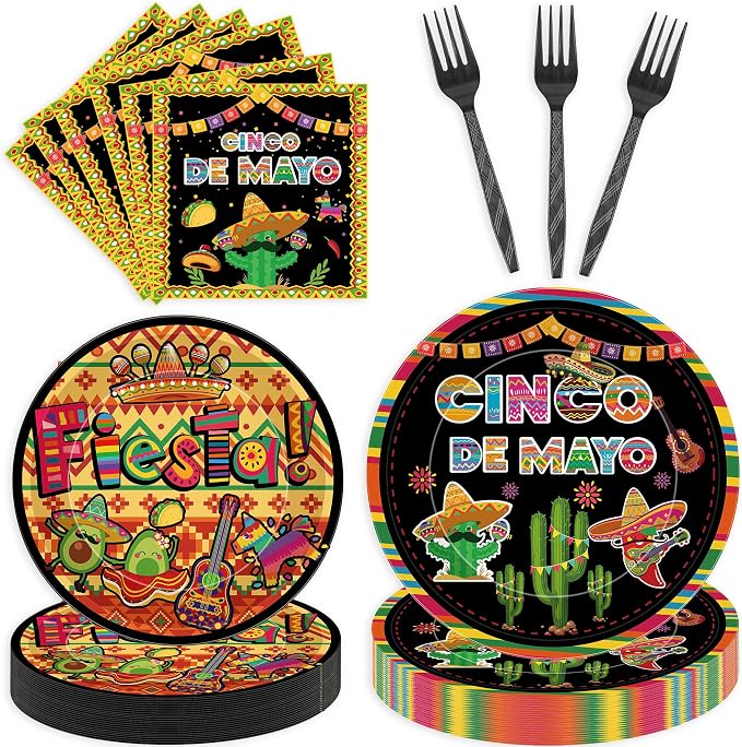 96 Pcs Cinco De Mayo Decorations, Fiesta Party Plates Napkins Forks by EoBeCy