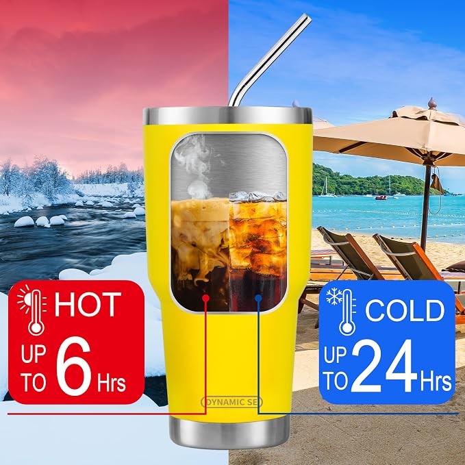 D·S 30oz Yellow Tumbler Double Wall Vacuum Insulated Travel Coffee Mug | Double - Image 4