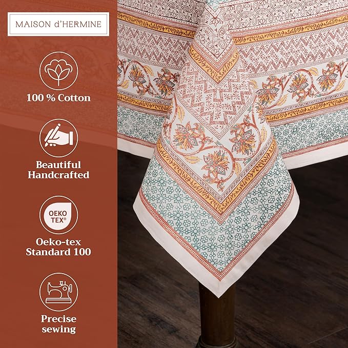 Maison d' Hermine Table Cloth Rectangle Table 100% Cotton 70 x 140 Inches Fall Tablecloth Reusable Everyday Use for Thanksgiving Christmas Decorations Dining Farmhouse Party (Nila)