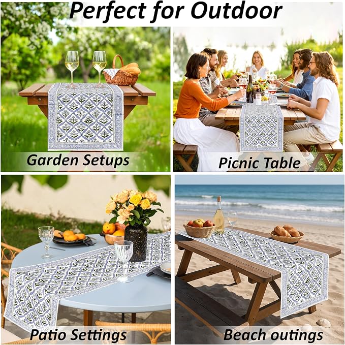 Light Steel Blue Hand Block Print 100% Cotton Table Runner 16x106 in | Perfect - Image 7